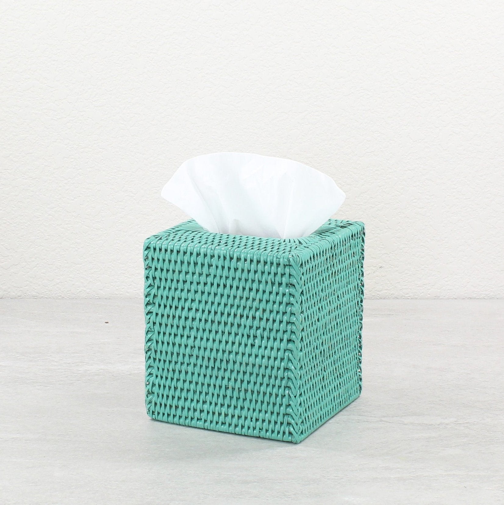 Eco Handcraft handmade turquoise rattan tissue box cover – eco-friendly, coastal accent for bathroom or guest room