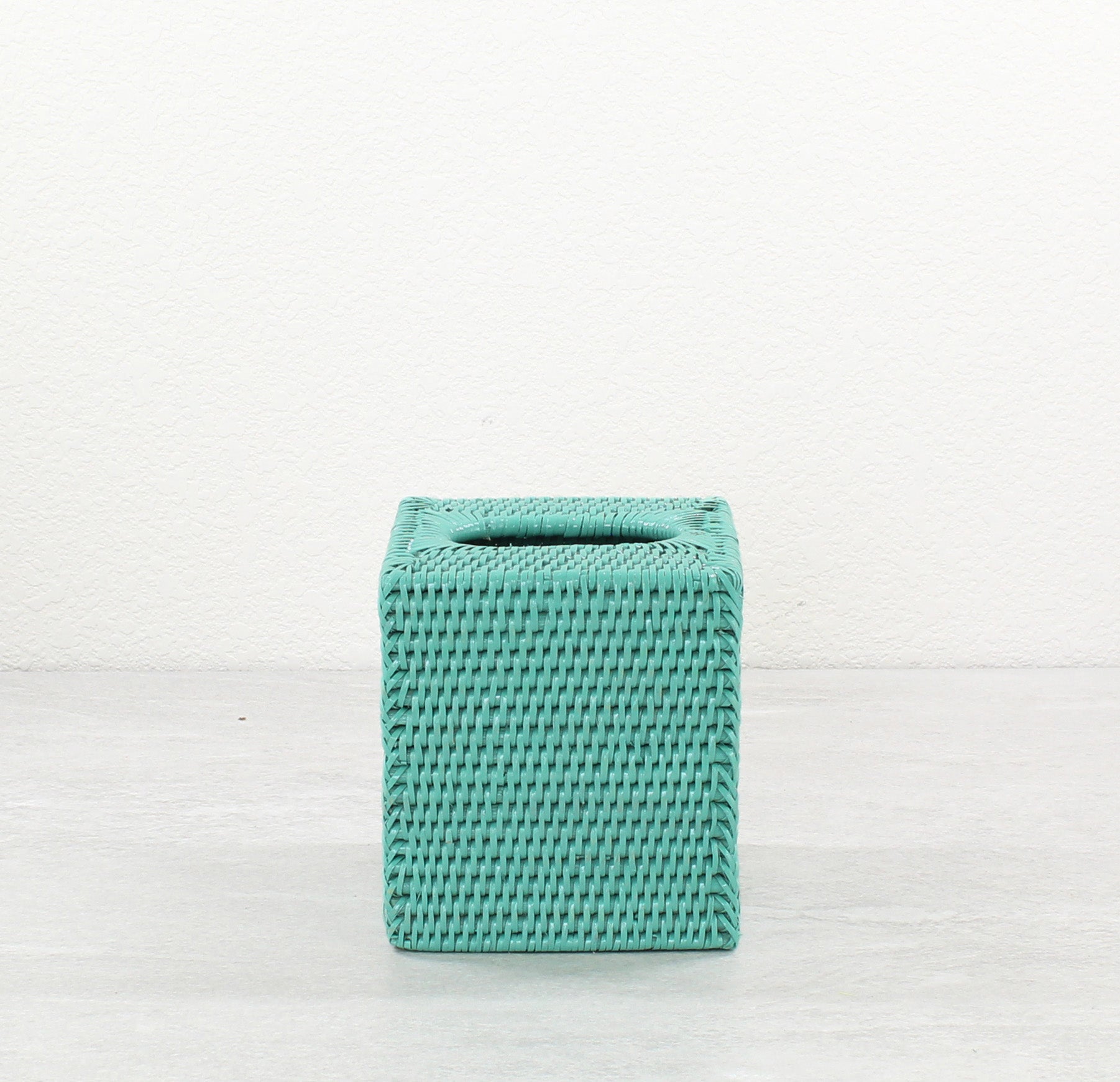 Square turquoise rattan tissue box cover with tight weave and top tissue slot
