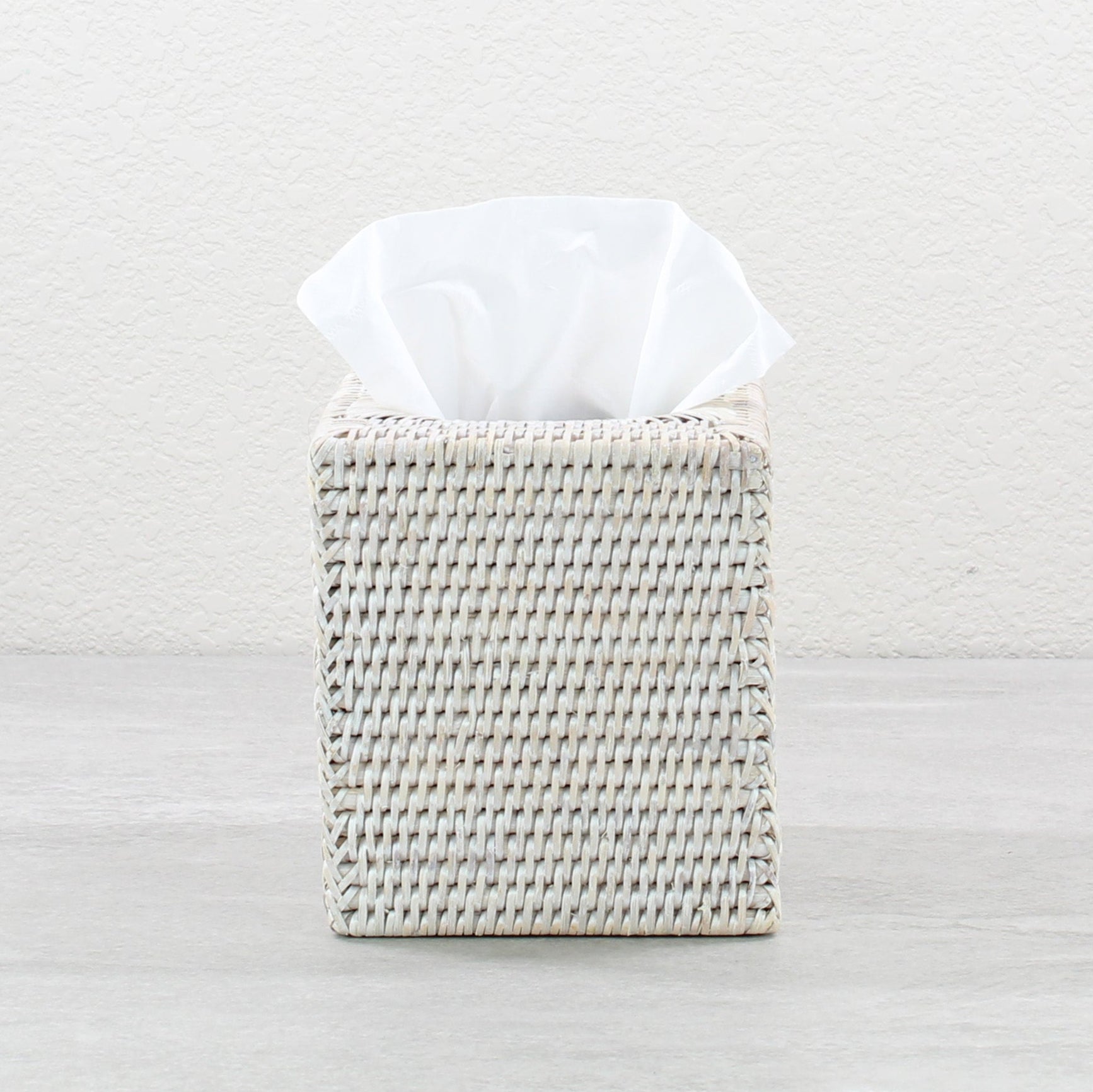 Eco Handcraft whitewash rattan tissue box cover, handmade for elegant bathroom, spa, or vanity countertop styling