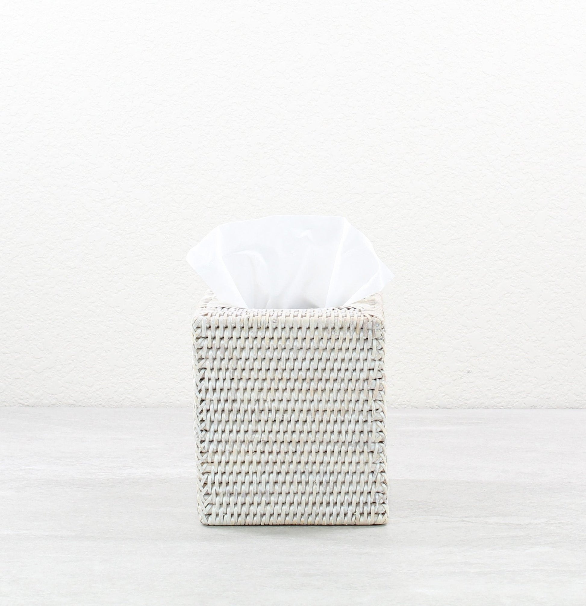 ECO HANDCRAFT square whitewash rattan tissue box cover for eco-friendly bathroom, spa, or powder room styling