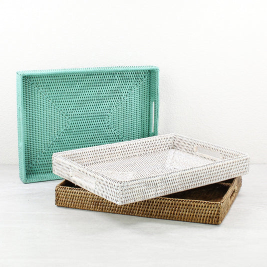 Large rattan tray with handles and tight weave in Honey Brown, Turquoise, and Whitewash