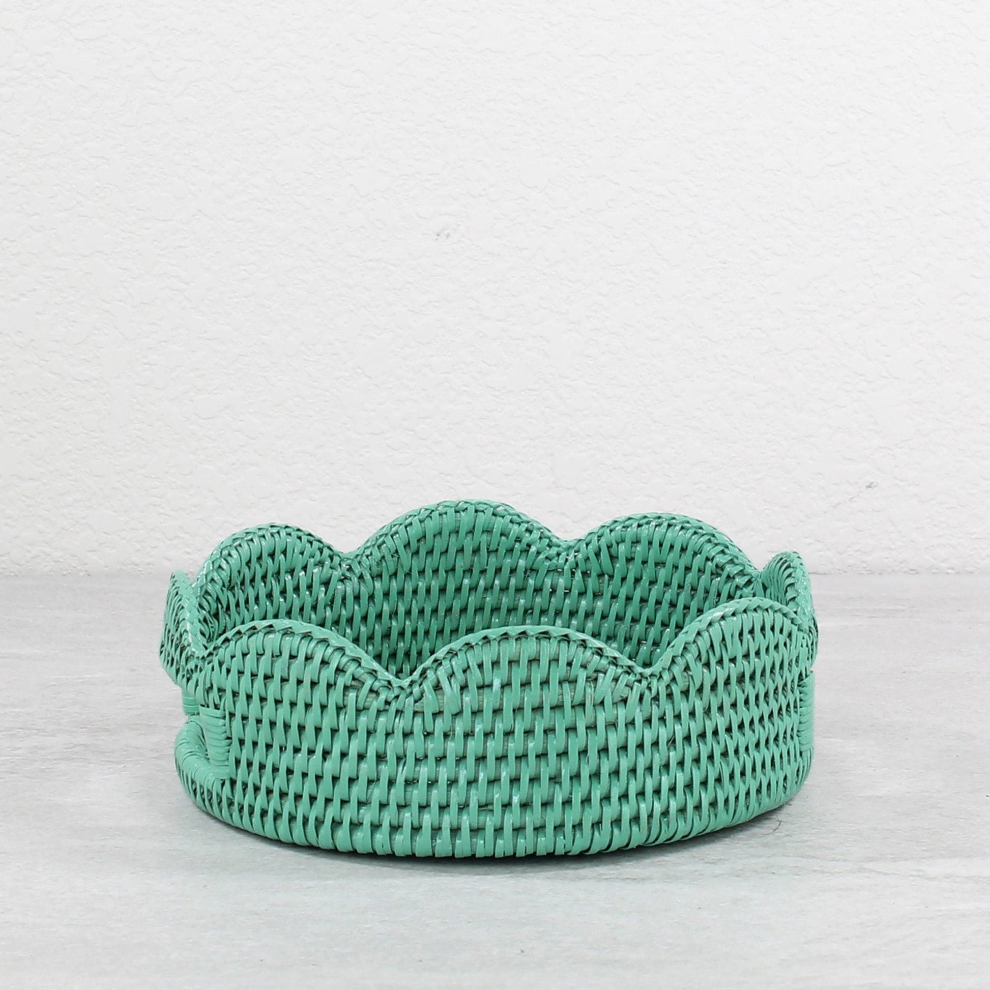 Empty turquoise rattan scalloped tray by ECO HANDCRAFT, handmade for fruit, bread, or decorative storage.