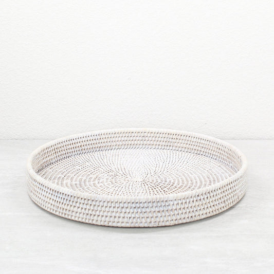 Tight woven round rattan tray in whitewash finish, 12-inch eco-friendly handmade storage or serving tray.