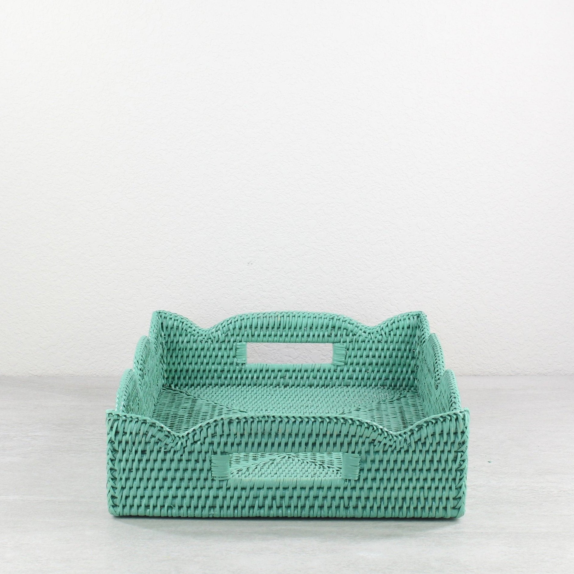 Medium turquoise scalloped rectangle rattan tray with built-in side handles, handmade from durable natural rattan for easy carrying and serving.