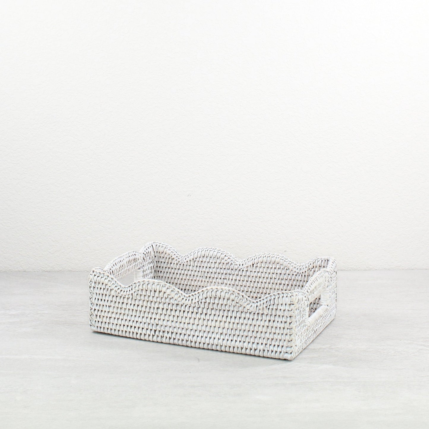 ECO HANDCRAFT whitewash scalloped rectangle rattan tray, perfect for spring coastal home décor