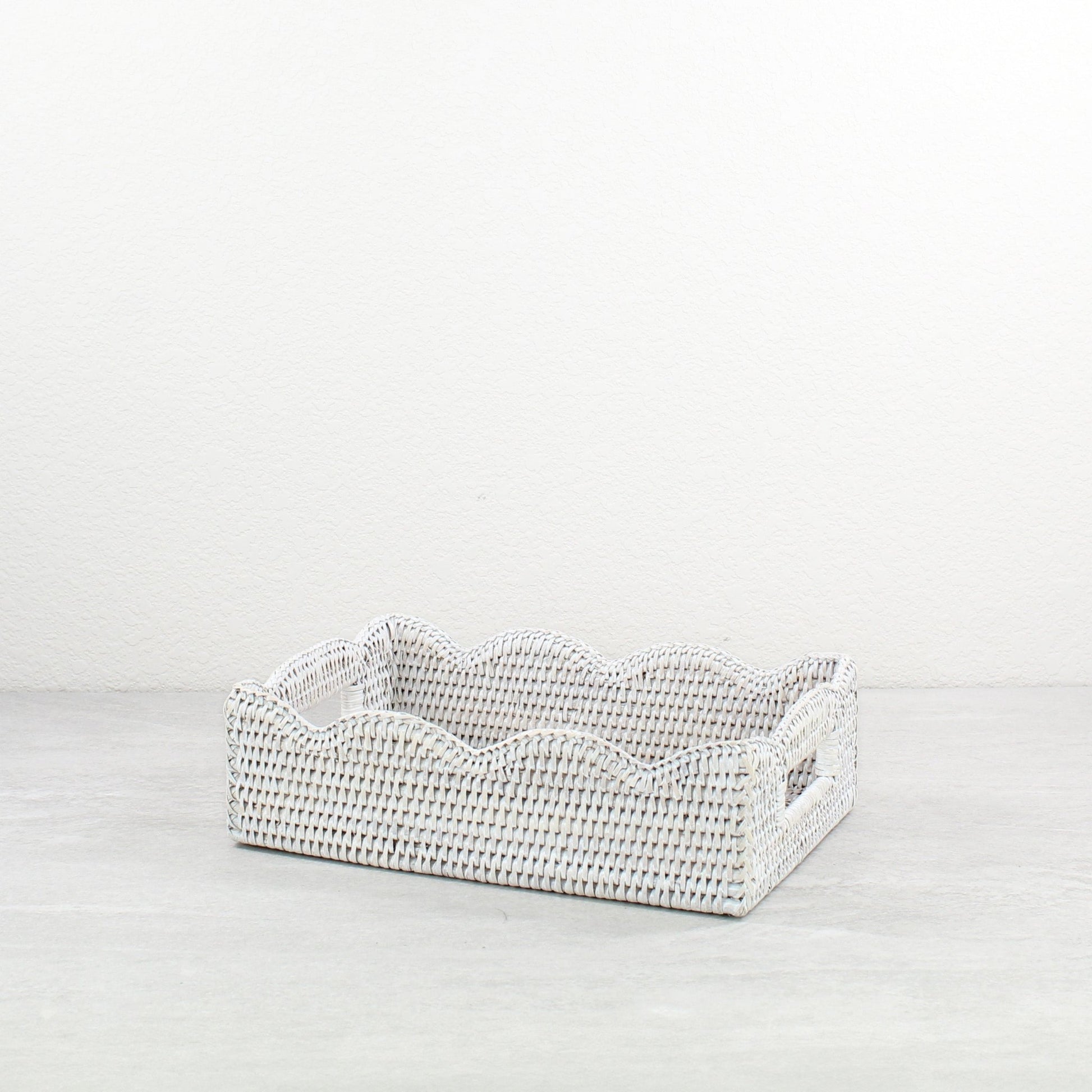 ECO HANDCRAFT whitewash scalloped rectangle rattan tray, perfect for spring coastal home décor