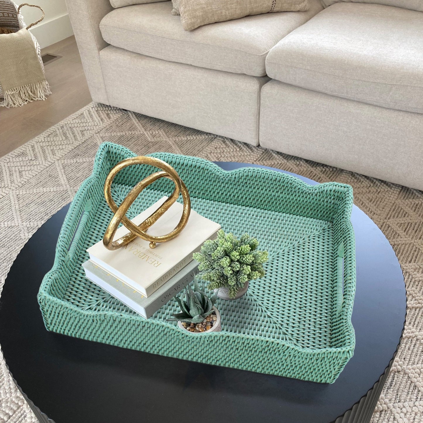 Handwoven medium scalloped edge rectangle rattan tray in sage leaf, ideal for serving and organizing