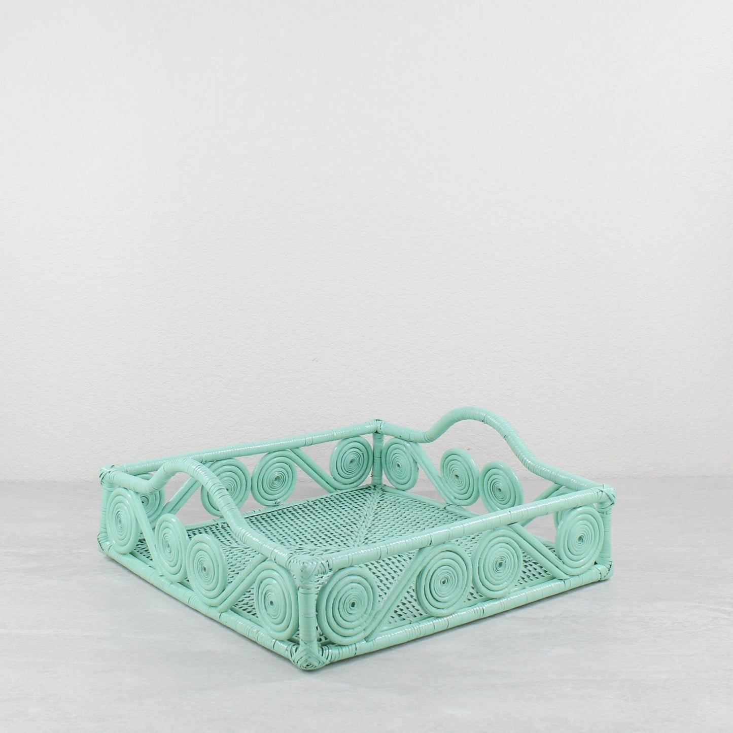 Eco Handcraft sage green swirly rattan tray – handmade, artisan-crafted storage or display tray for elegant home decor
