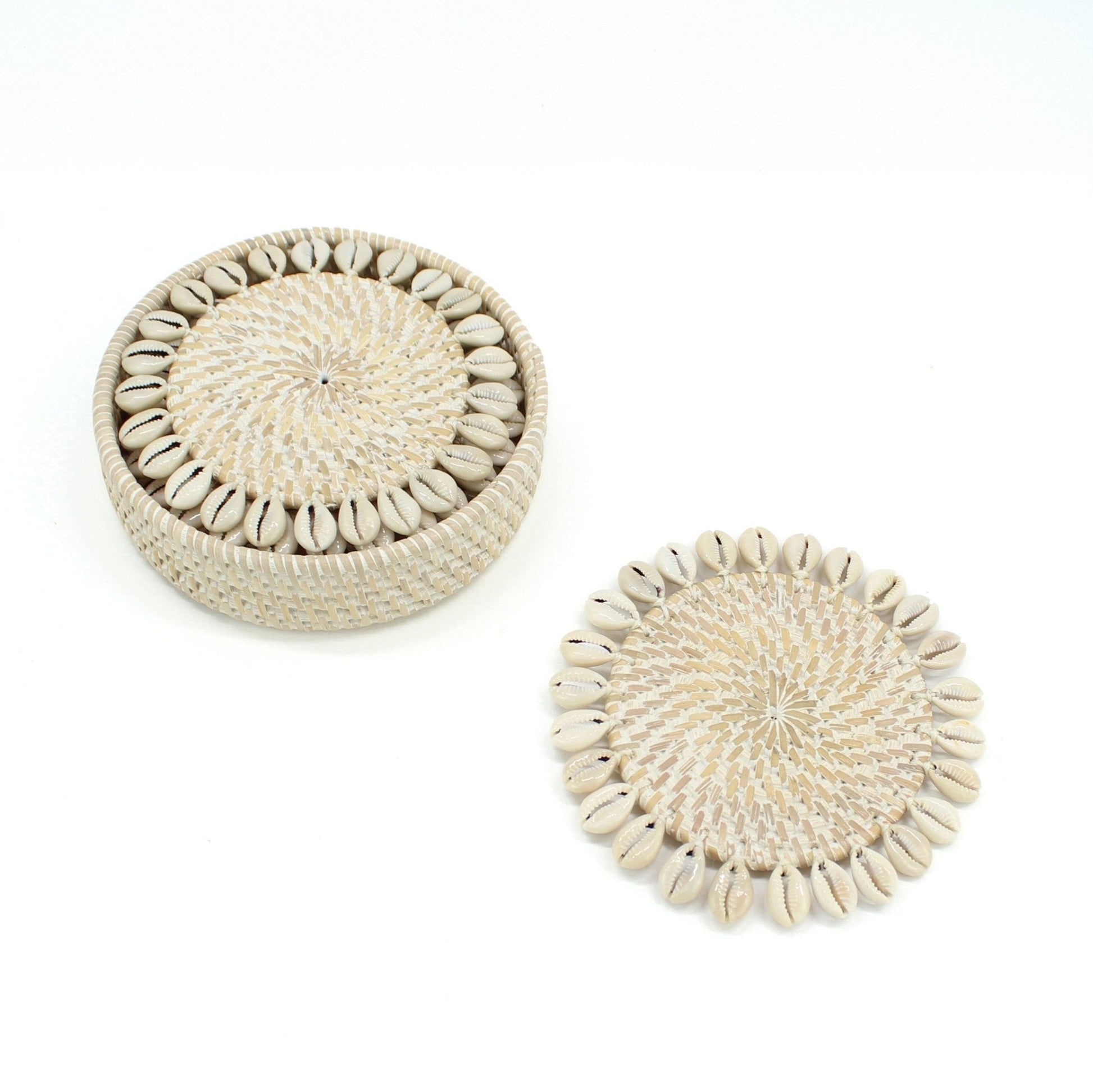 Eco Handcraft round rattan coasters with cowrie shell trim – handmade set for beach-style tables and eco-luxe living