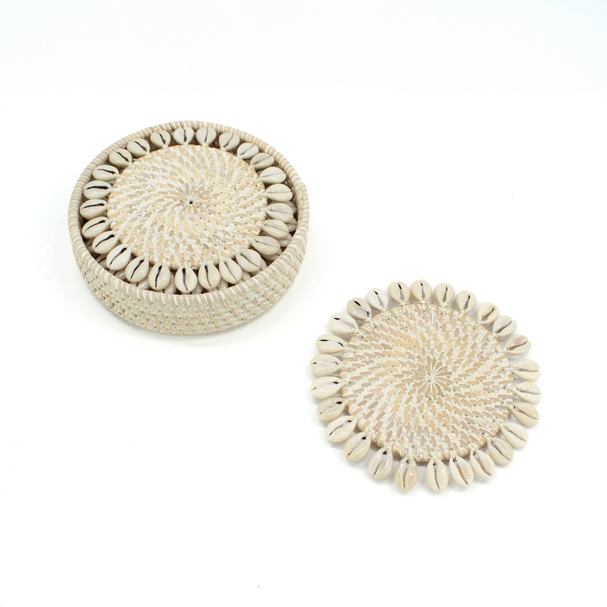 Eco Handcraft round woven rattan coasters with cowrie shell trim and matching holder for elegant beach décor