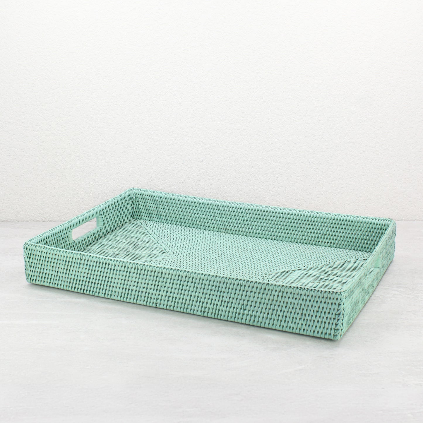 Extra large sage leaf rectangular rattan tray with handles, handwoven for sustainable home organizing and modern table styling