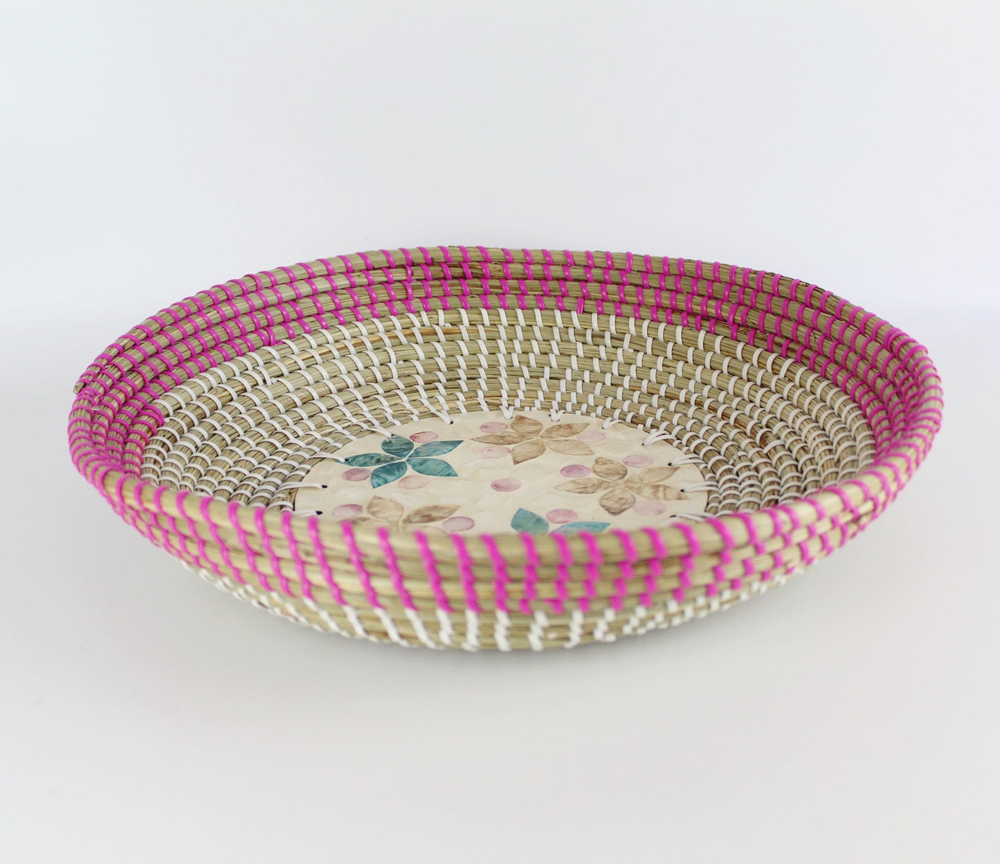 Natural Seagrass Woven Mother of Pearl Round Tray - Eco Handcraft store