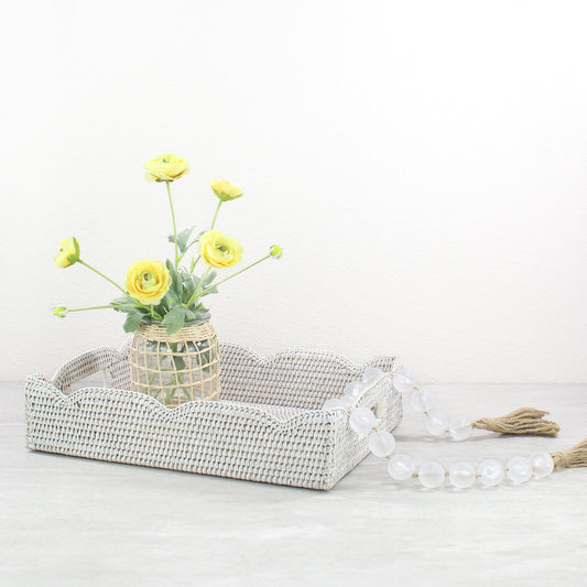 Scalloped Rectangle Rattan Tray with Handles-Whitewash