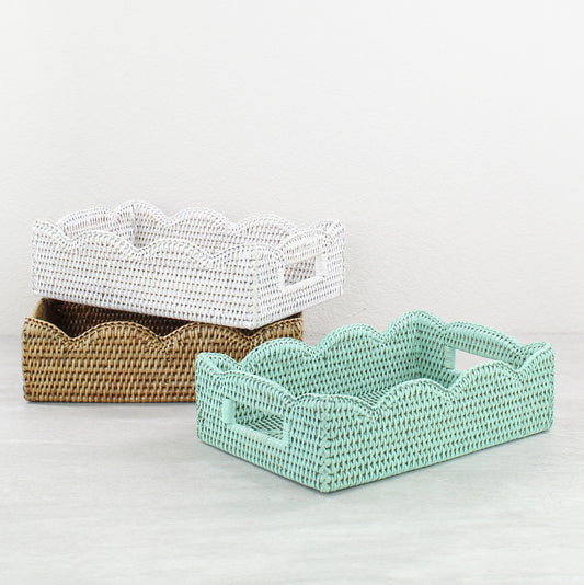 Scalloped Edge Rattan Tray with Handles-Small