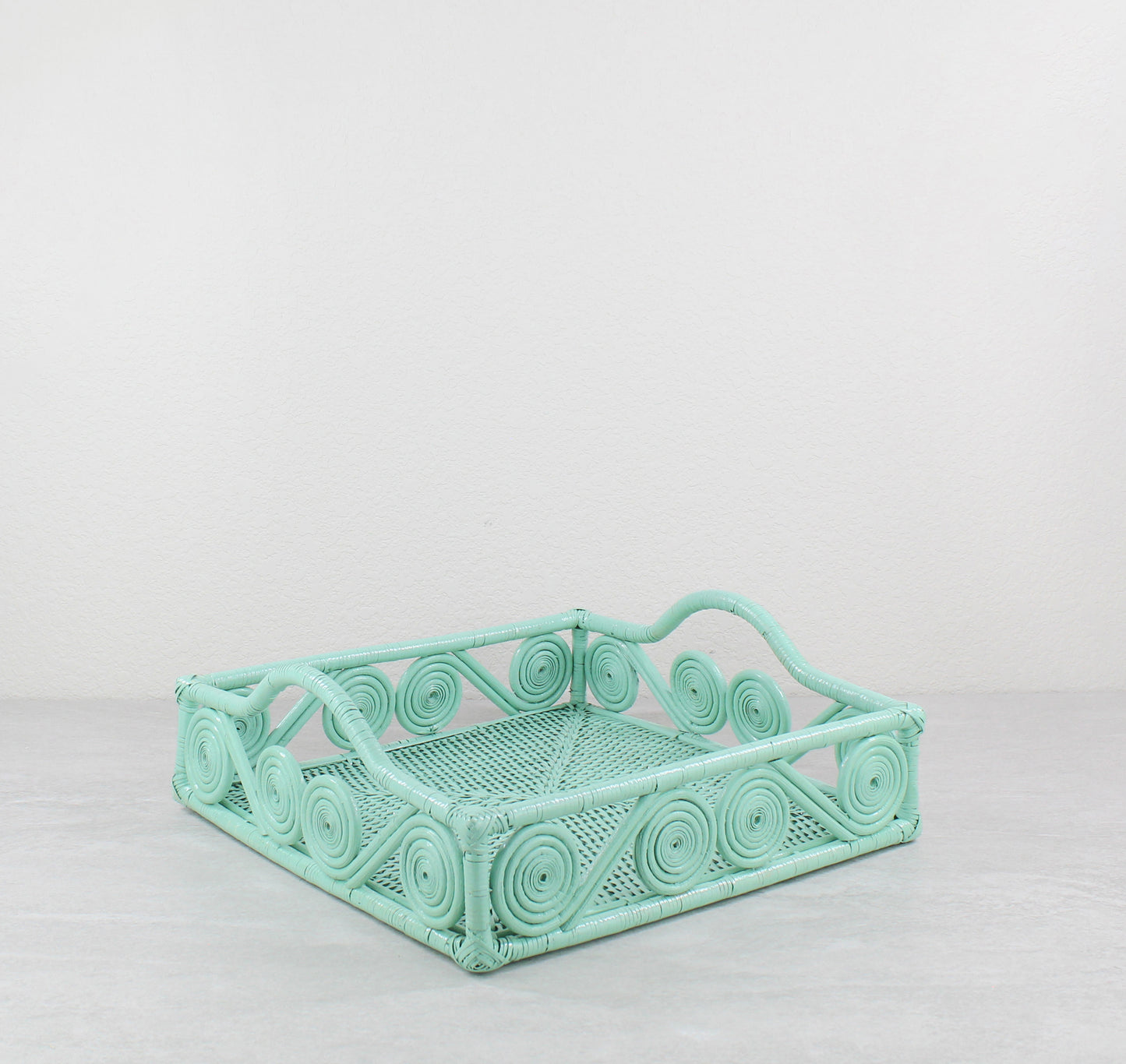 Mid-Century Modern Swirly Rectangle Rattan Tray with Handle-Sage Leaf