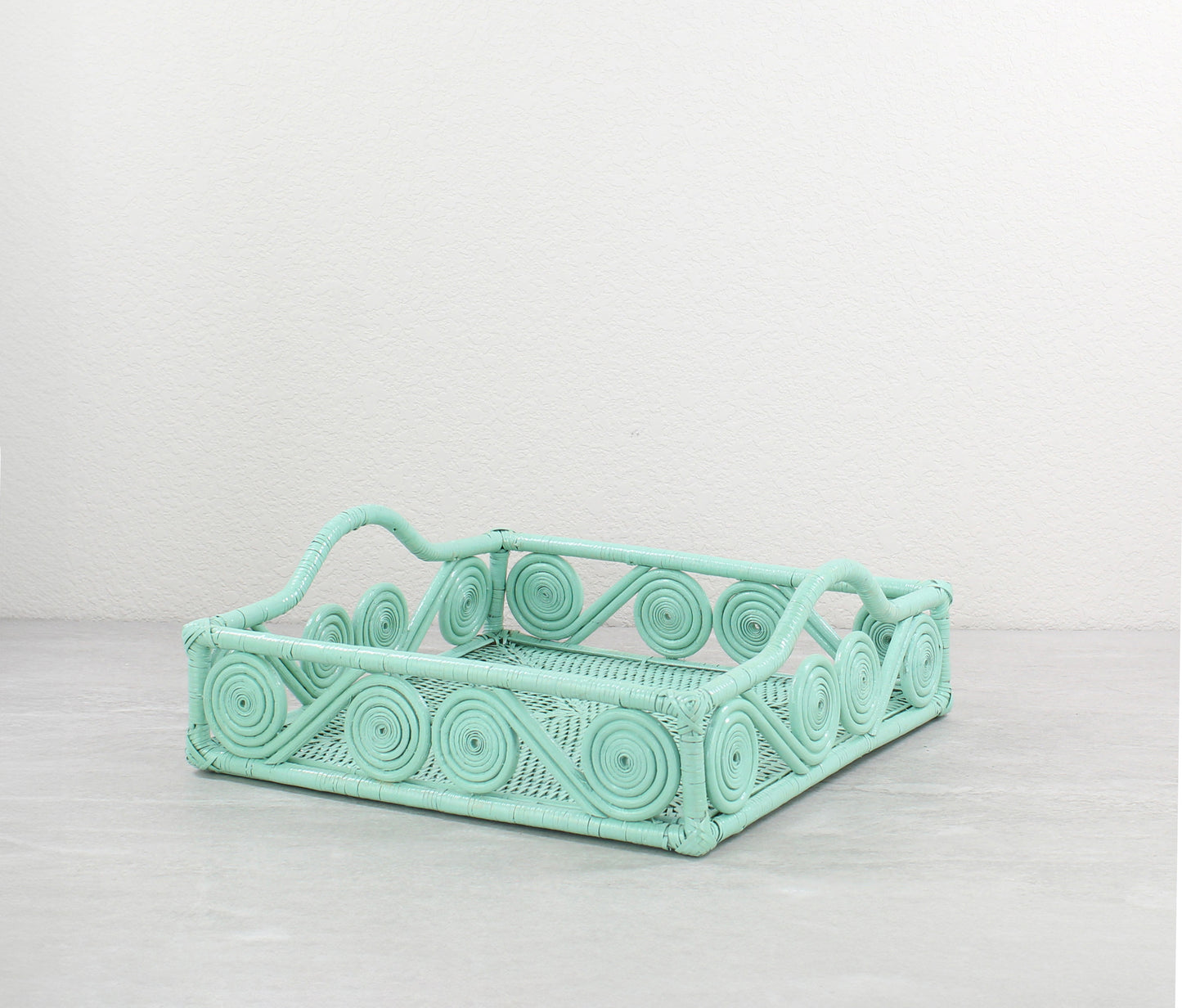 Mid-Century Modern Swirly Rectangle Rattan Tray with Handle-Sage Leaf