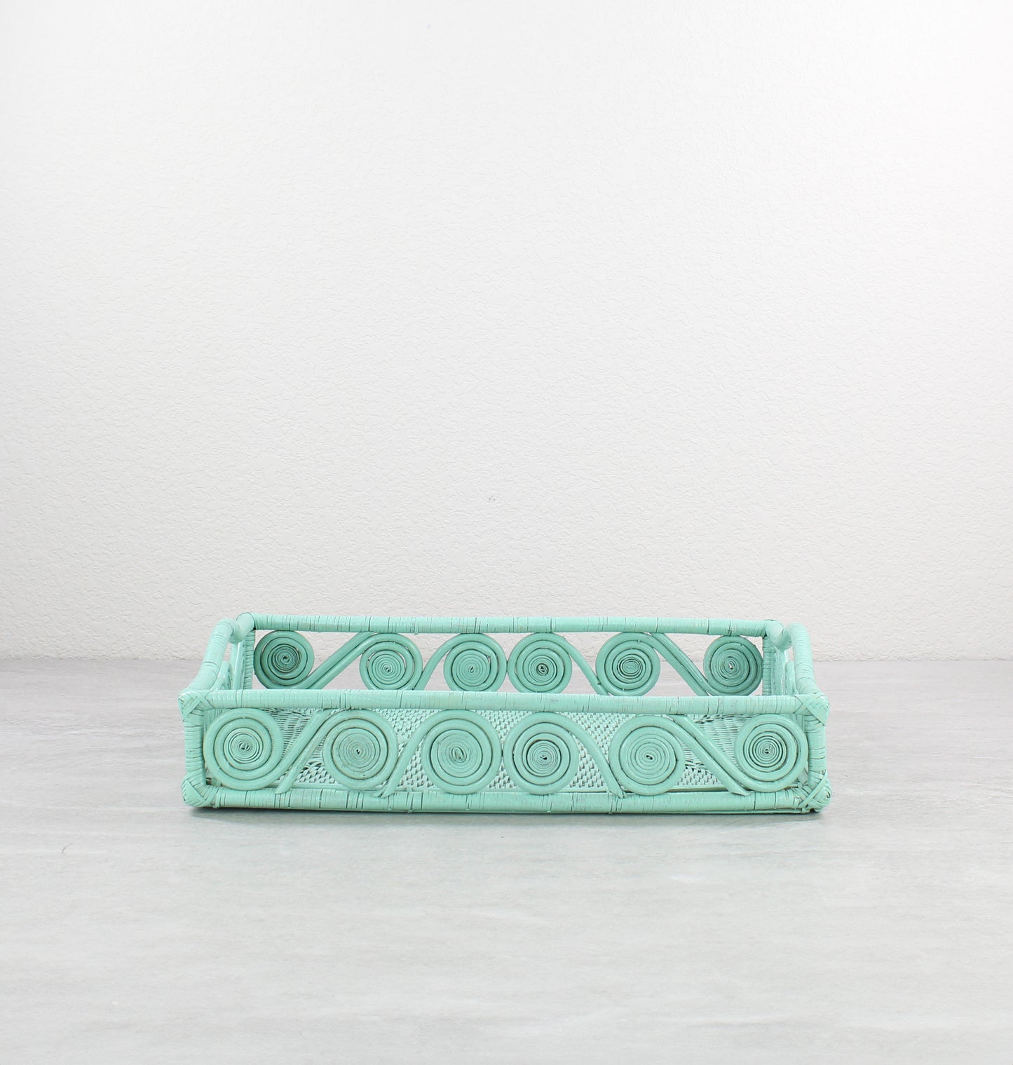 Mid-Century Modern Swirly Rectangle Rattan Tray with Handle-Sage Leaf