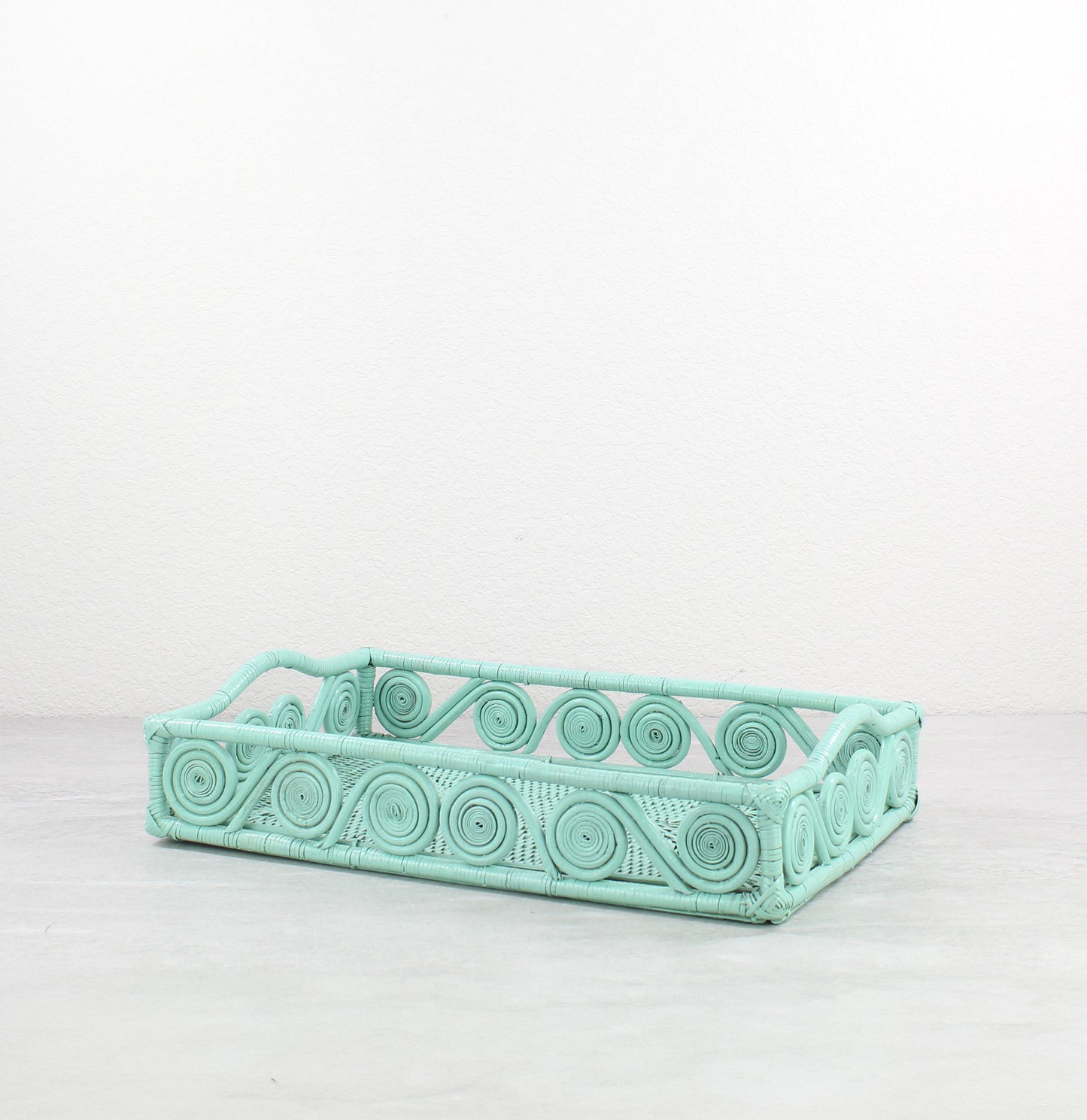 Mid-Century Modern Swirly Rectangle Rattan Tray with Handle-Sage Leaf