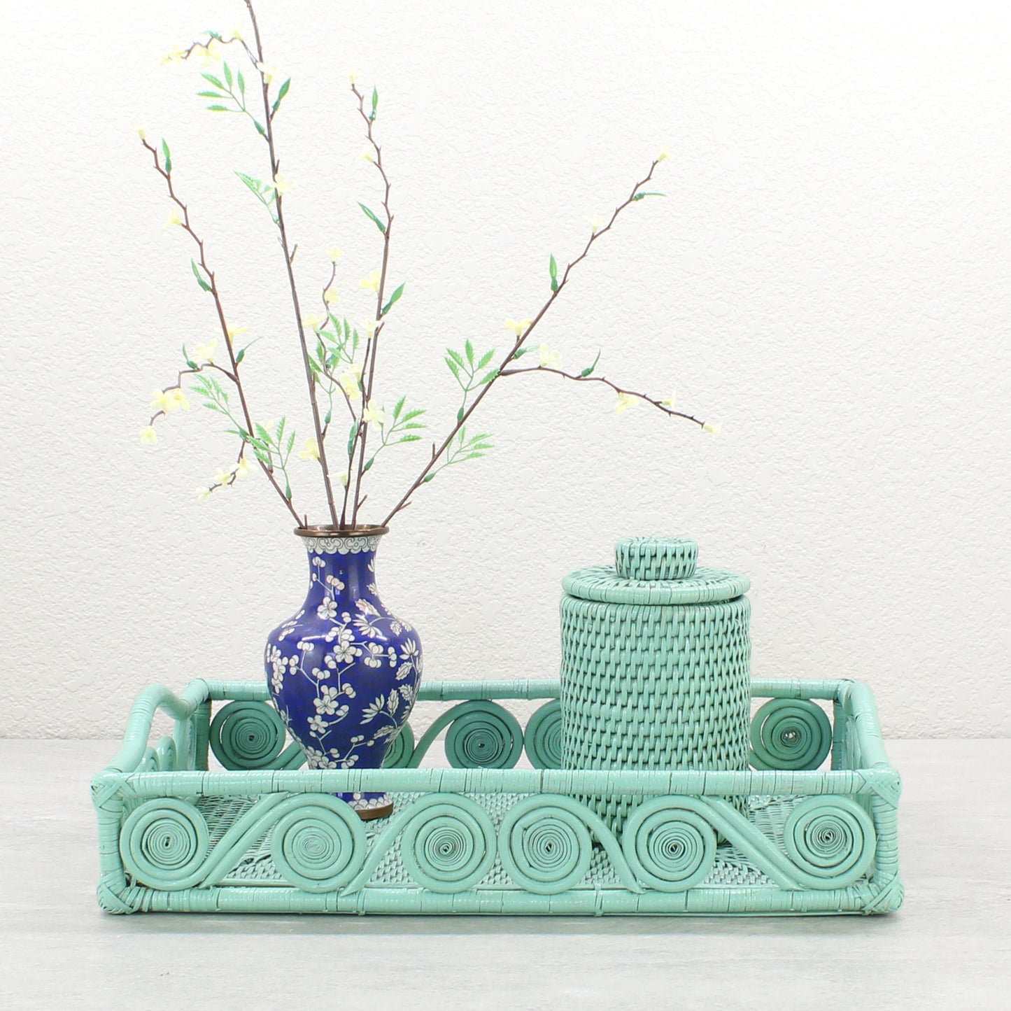 Mid-Century Modern Swirly Rectangle Rattan Tray with Handle-Sage Leaf