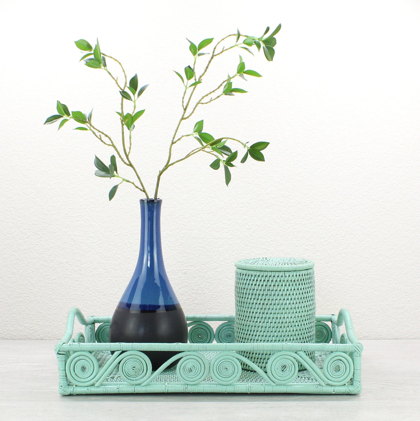 Mid-Century Modern Swirly Rectangle Rattan Tray with Handle-Sage Leaf