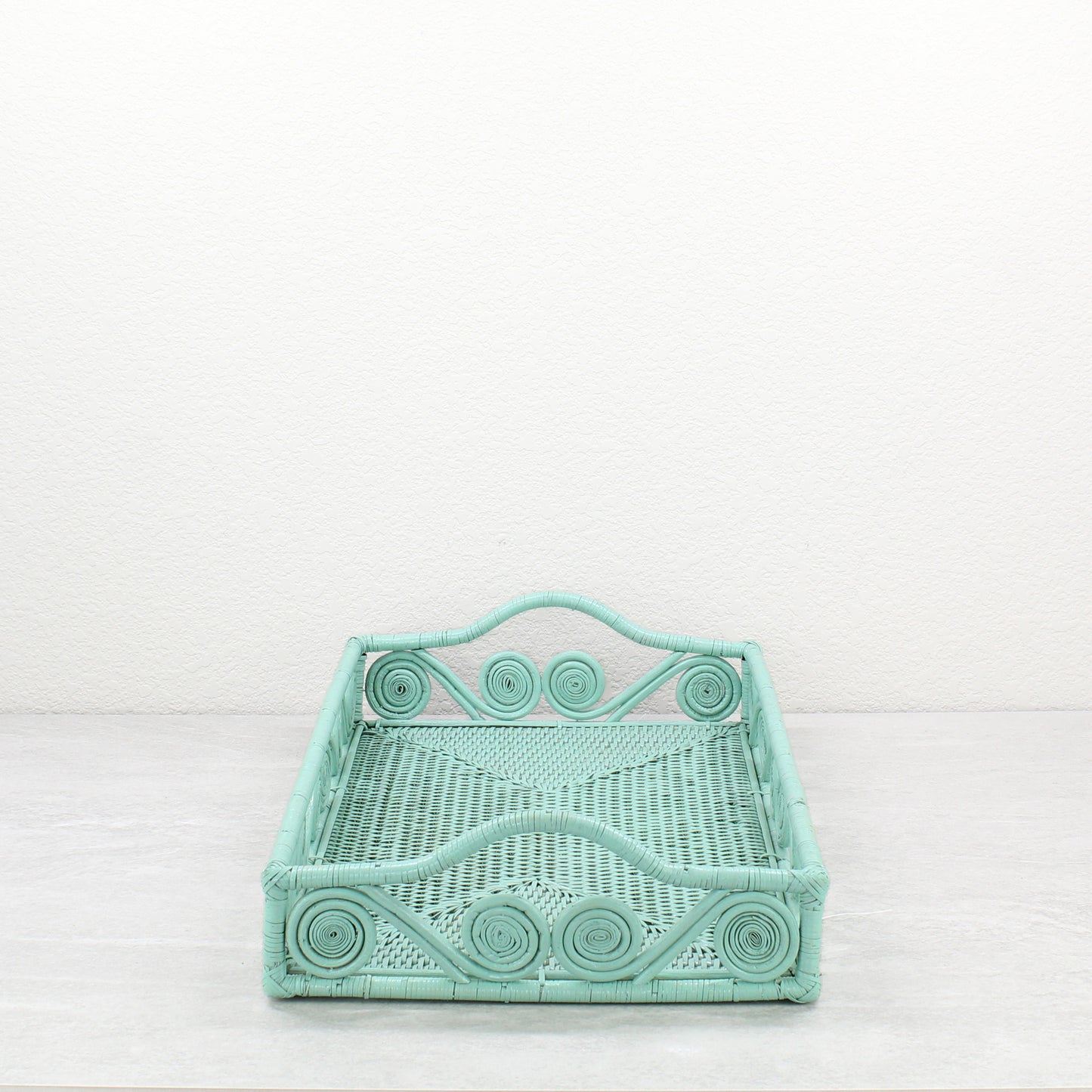 Mid-Century Modern Swirly Rectangle Rattan Tray with Handle-Sage Leaf