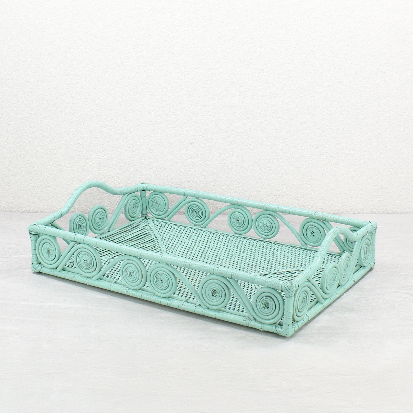 Mid-Century Modern Swirly Rectangle Rattan Tray with Handle-Sage Leaf