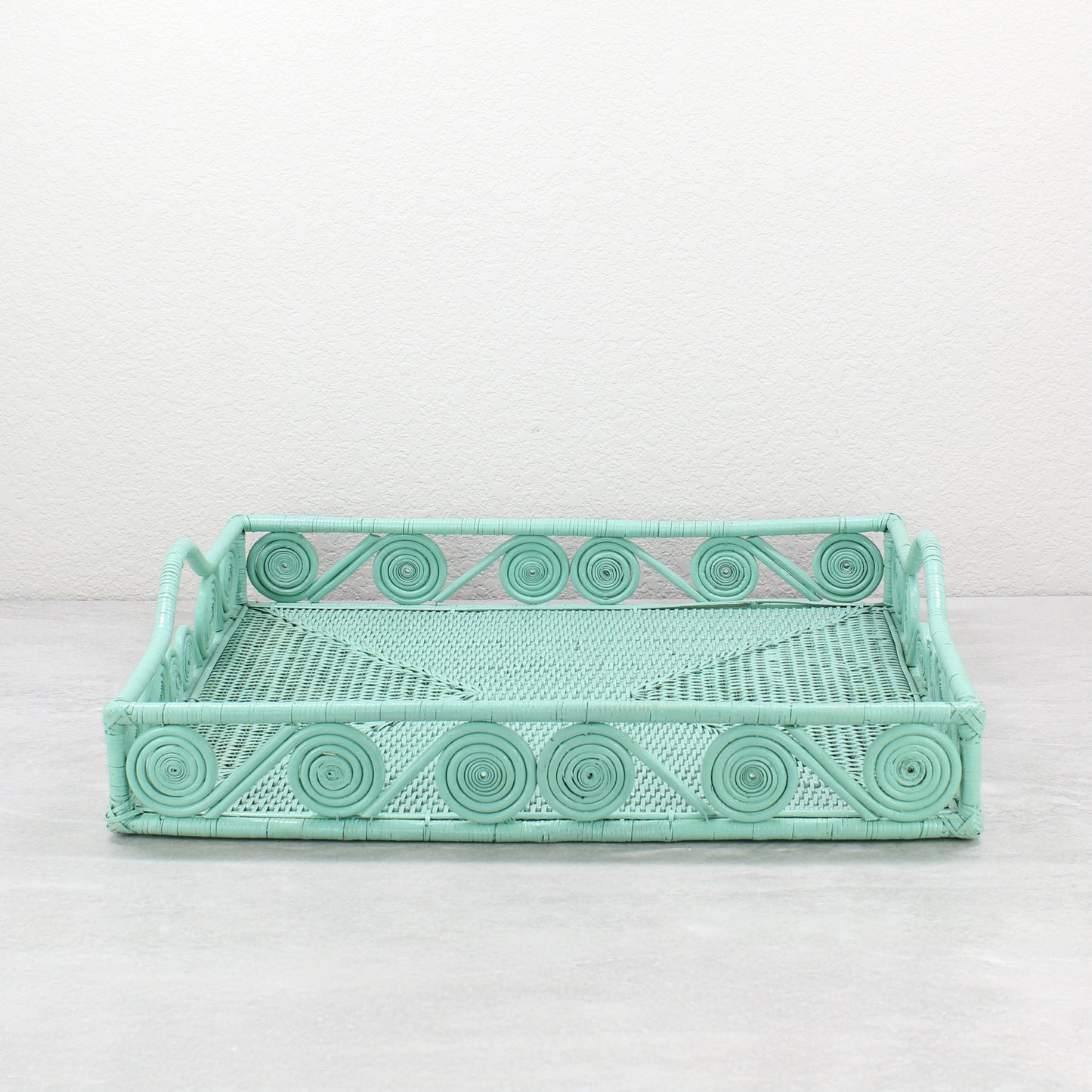 Mid-Century Modern Swirly Rectangle Rattan Tray with Handle-Sage Leaf