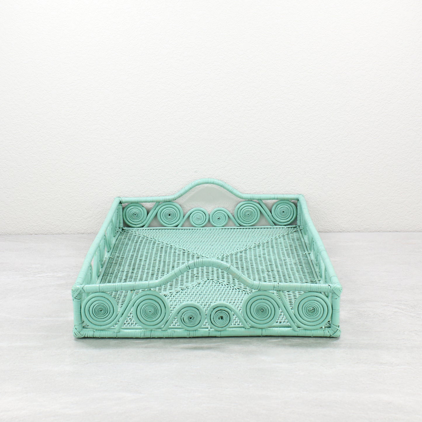 Mid-Century Modern Swirly Rectangle Rattan Tray with Handle-Sage Leaf