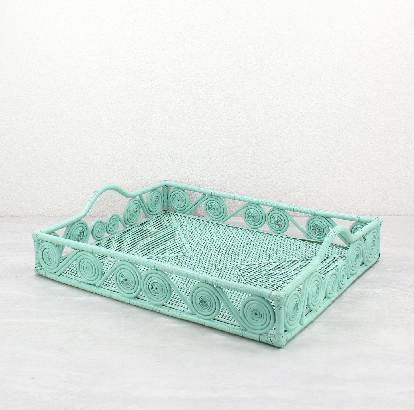 Mid-Century Modern Swirly Rectangle Rattan Tray with Handle-Sage Leaf