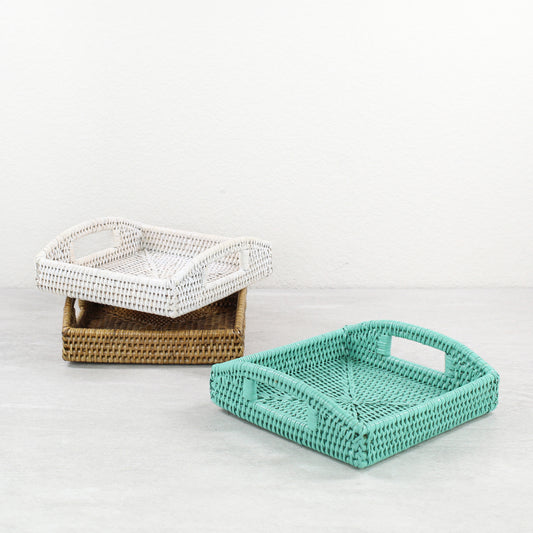 Chic Small Square Rattan Décor Tray with Handles