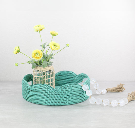 Scalloped Round Rattan Tray with Handles-Sea Glass