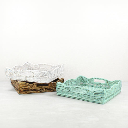 Waved Edge Square Rattan Tray with Handles