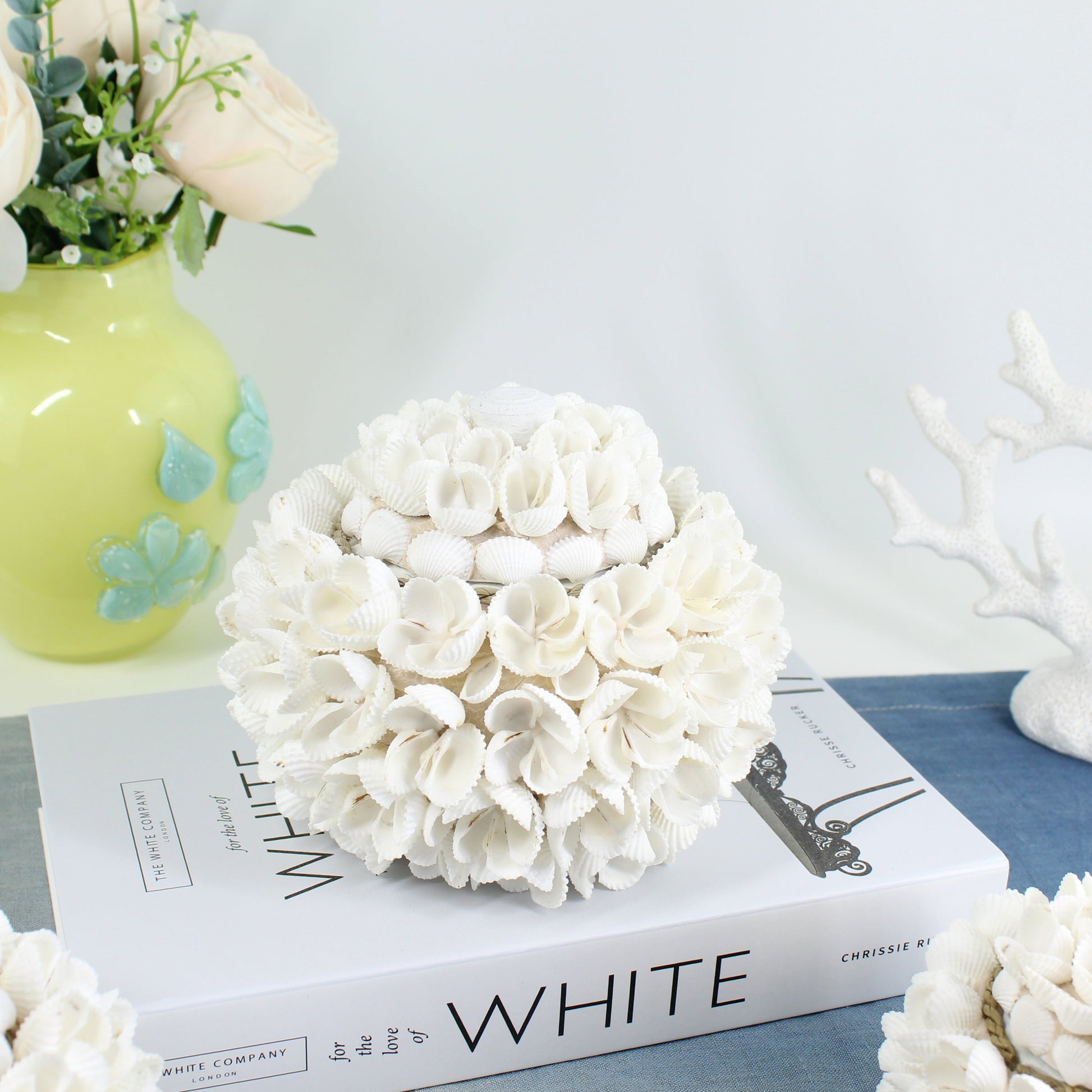 Large handmade seashell blossom decorative box with floral shell arrangement, handcrafted for coastal home décor and keepsake storage.
