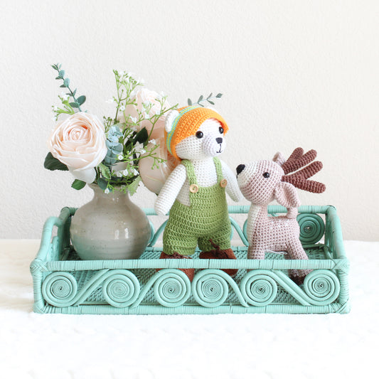 Christmas Gift Collection – Polar Bear & Deer Amigurumi with Sage Leaf Rattan Tray