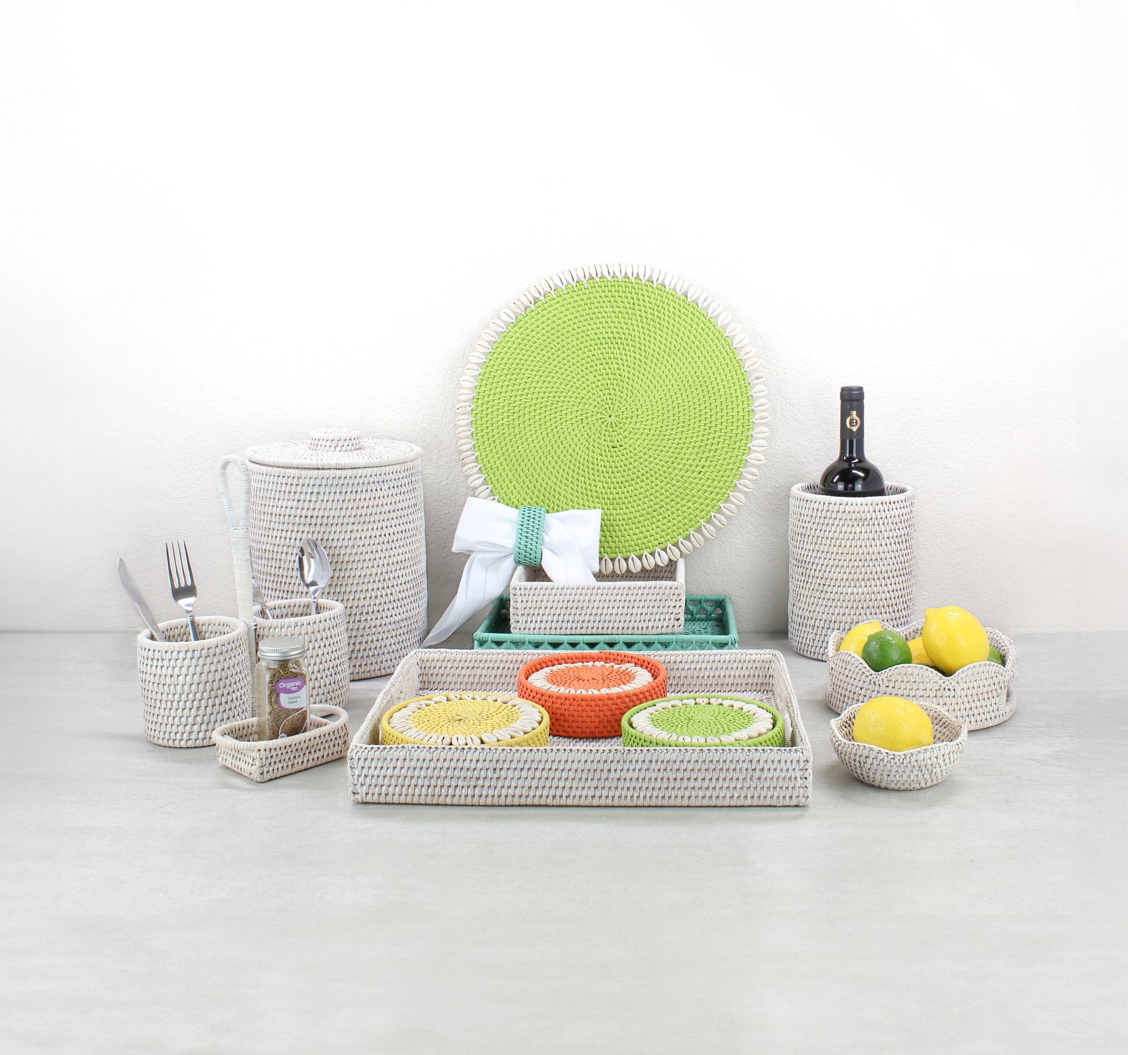 Fine Woven Rattan Kitchen & Dinning Collection-Sustainable Home Organizing Decor-Whitewash 