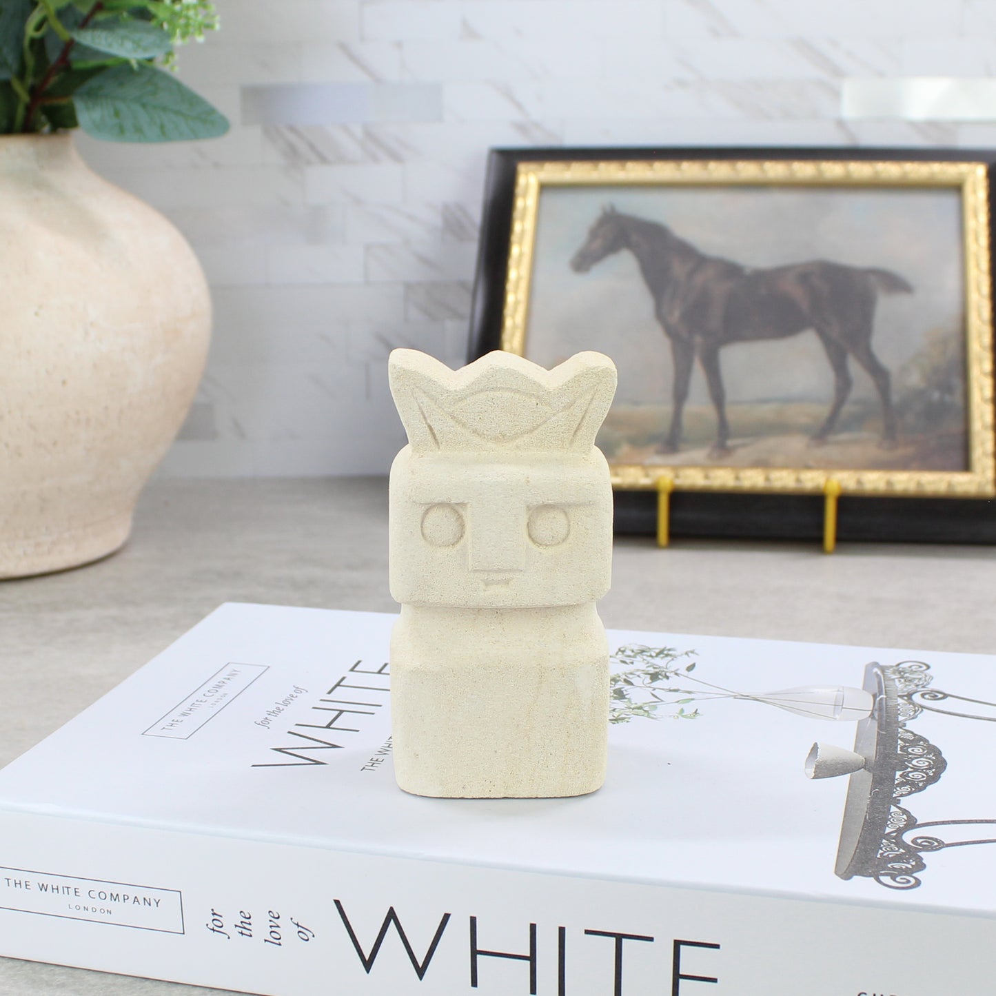 Minimal Sumba guardian statue with carved crown head — natural stone handcrafted sculpture for modern boho interiors.