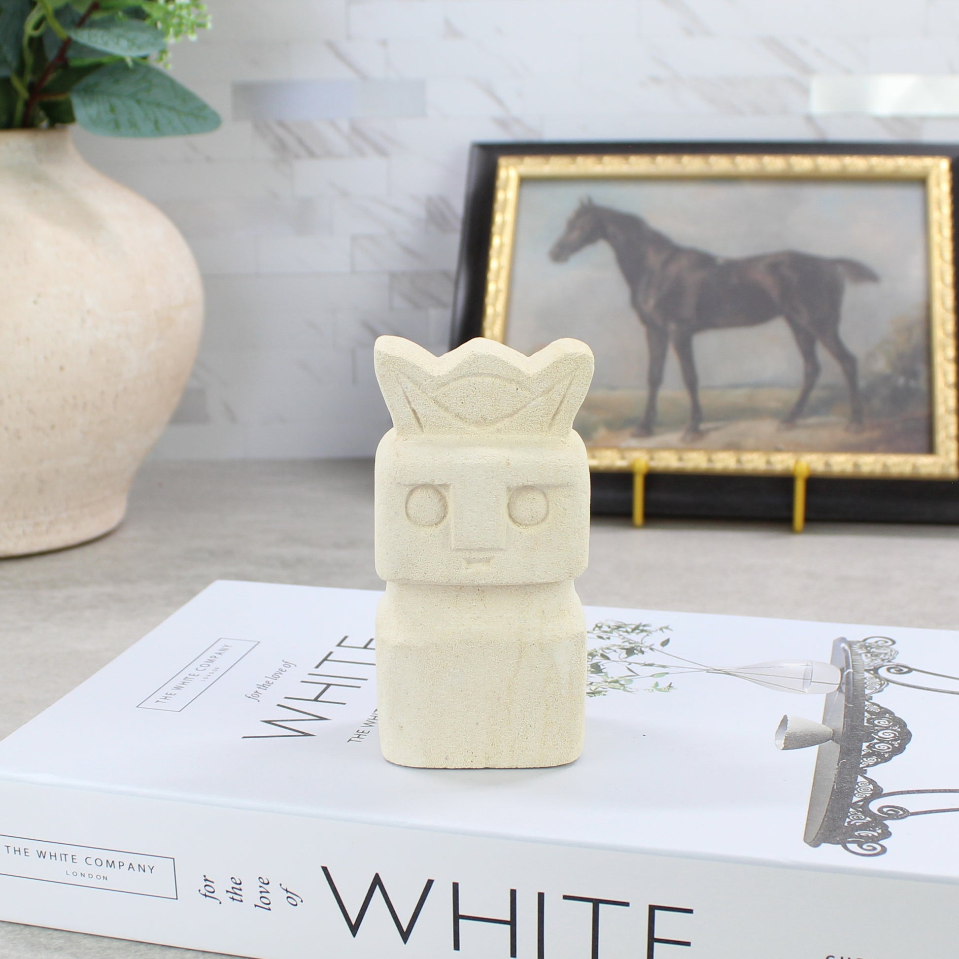 Minimal Sumba guardian statue with carved crown head — natural stone handcrafted sculpture for modern boho interiors.