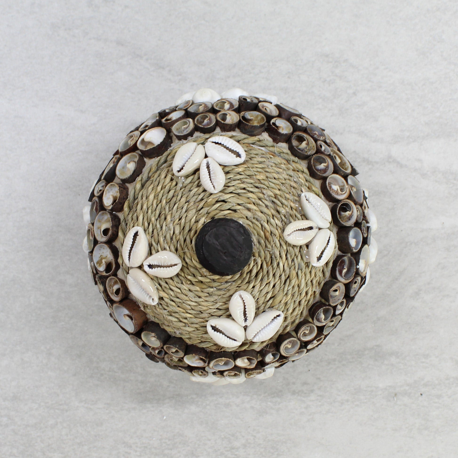 Top view of handmade seashell storage box with rope-wrapped lid, decorated with cowrie shells for a natural coastal look.