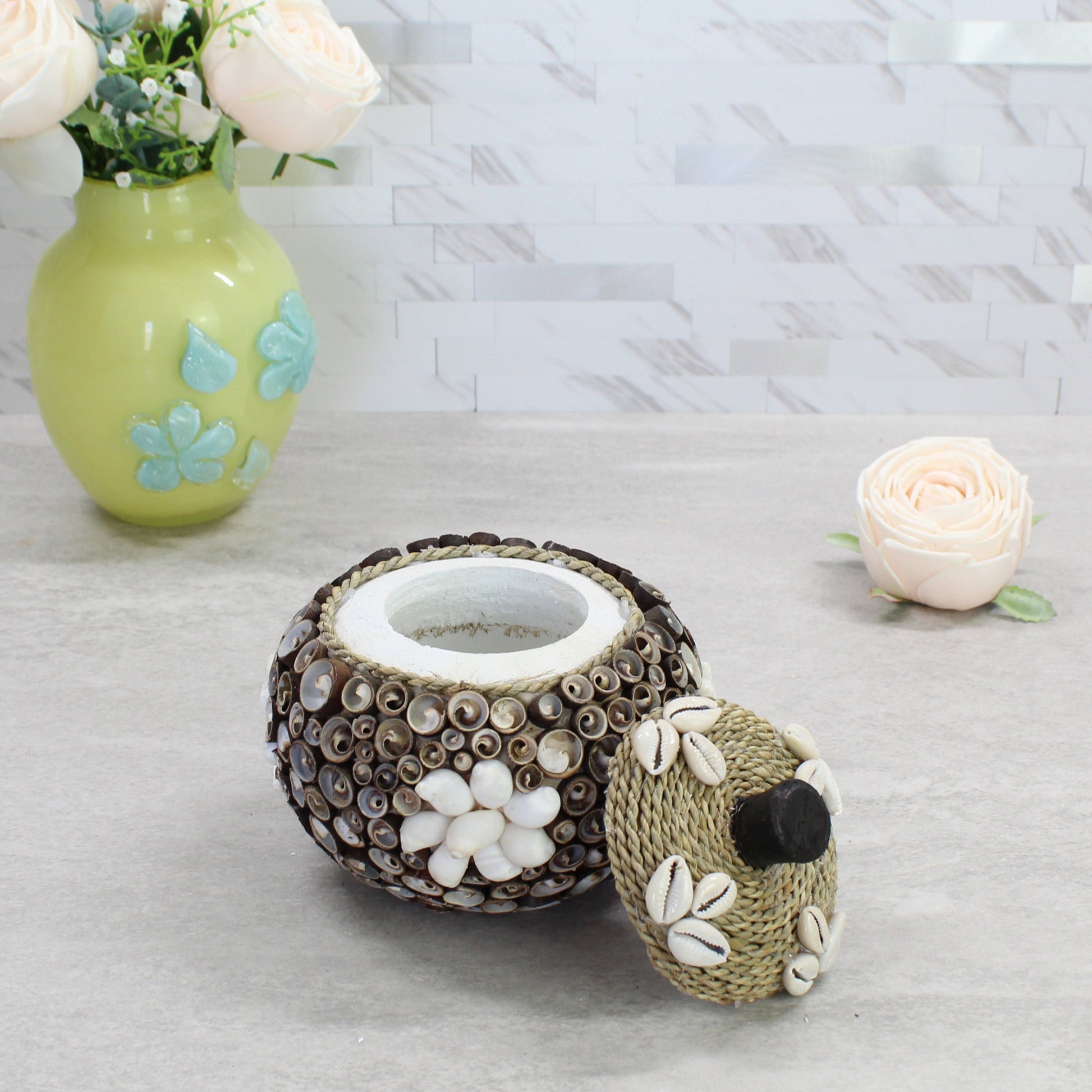Large seashell storage box with rope lid removed, showing hollow interior for jewelry, keepsakes, or trinkets, handmade artisan coastal décor.