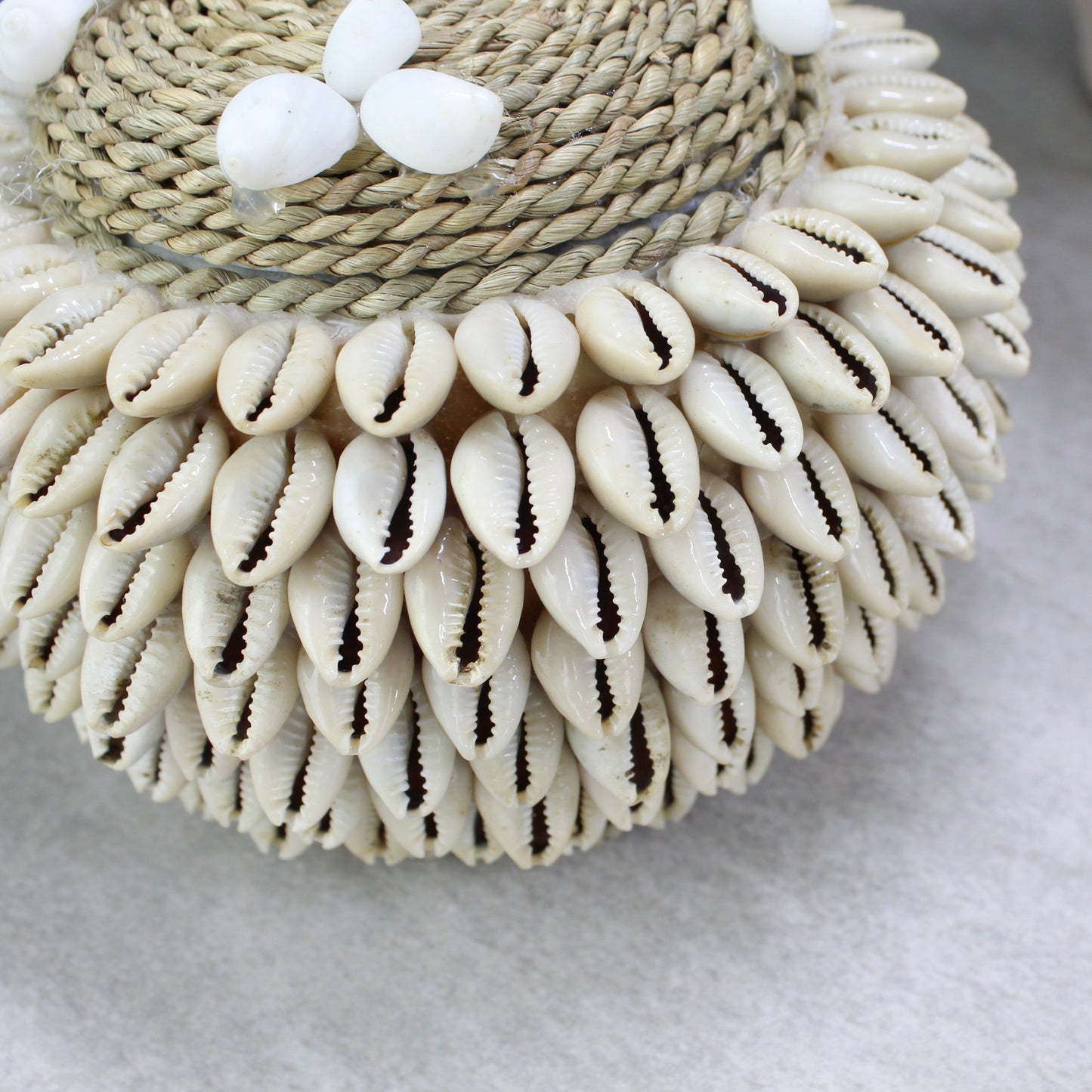 Close-up of layered cowrie shell detailing and natural rope lid craftsmanship on handmade decorative storage box.