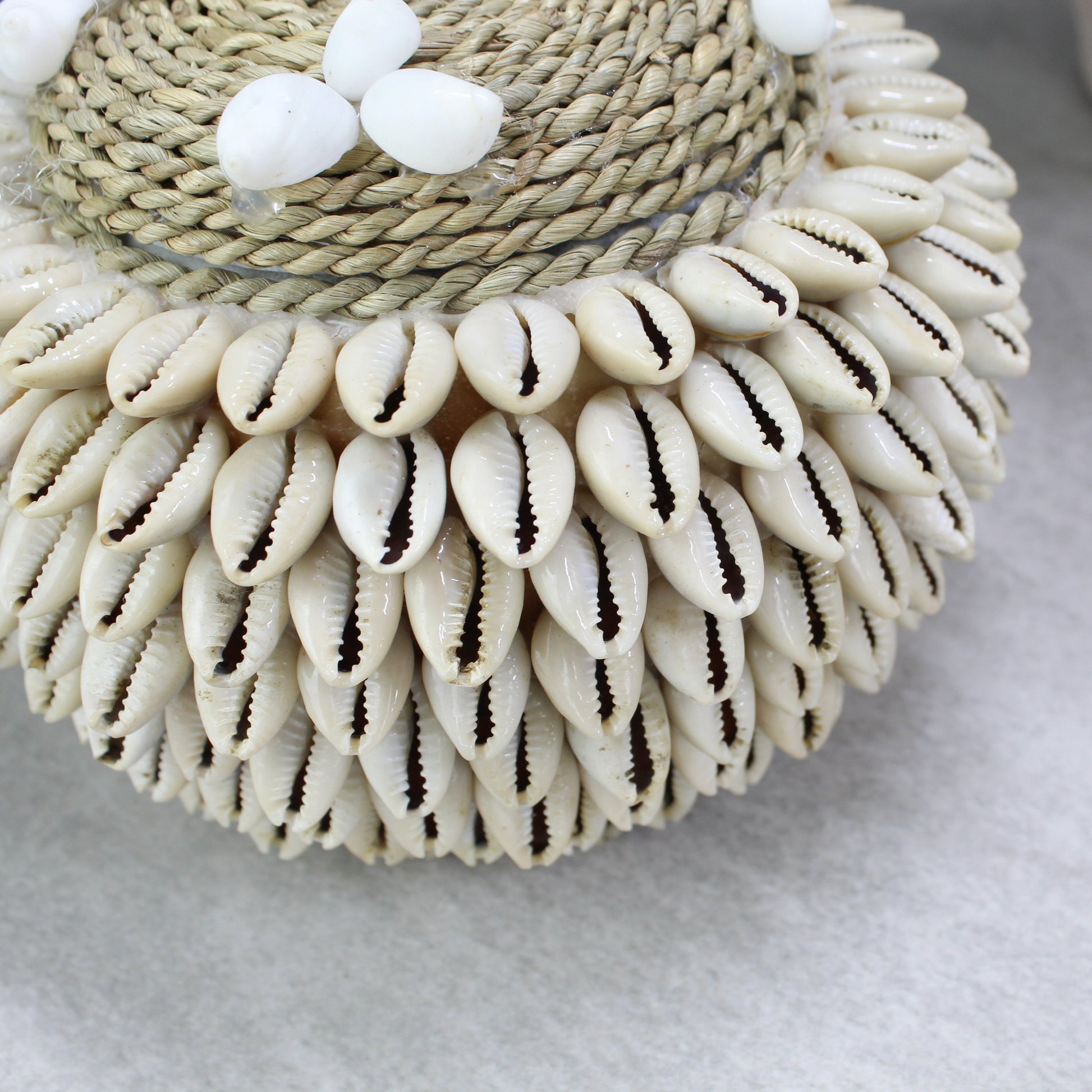Close-up of layered cowrie shell detailing and natural rope lid craftsmanship on handmade decorative storage box.