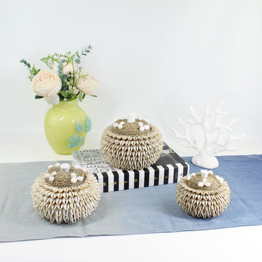 Handmade layered cowrie shell storage box with rope lid styled on a table with yellow roses – coastal jewelry and keepsake holder