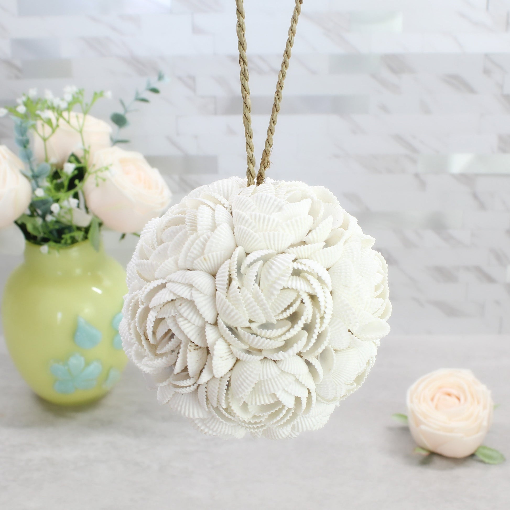 Medium handmade seashell rose ball with detailed shell flower design, perfect for modern coastal home and table decoration.