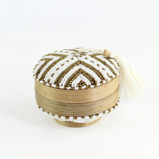 Eco Handcraft white and gold chevron beaded bamboo tassel box displayed on a light background showcasing its elegant coastal design.