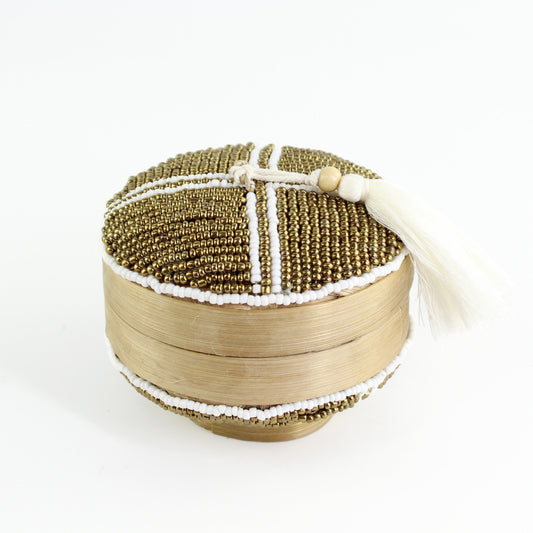 Eco Handcraft white and gold grid beaded bamboo tassel box displayed on a clean background showcasing its elegant handmade design.