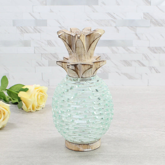 Large handmade pineapple glass and wood tea light holder with whitewashed finish, perfect for tropical or coastal home decor accent.
