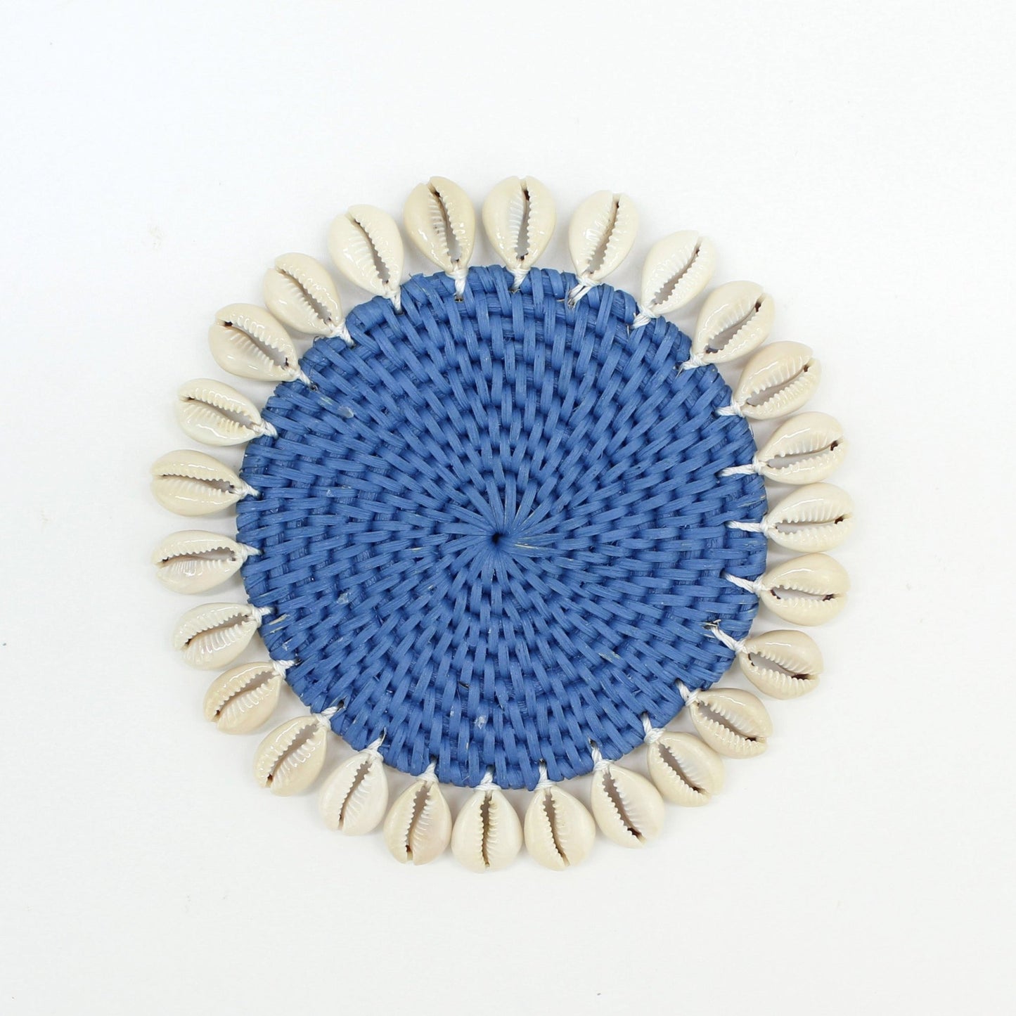 Blue seashell-trimmed rattan coasters with holder, eco-friendly and handmade