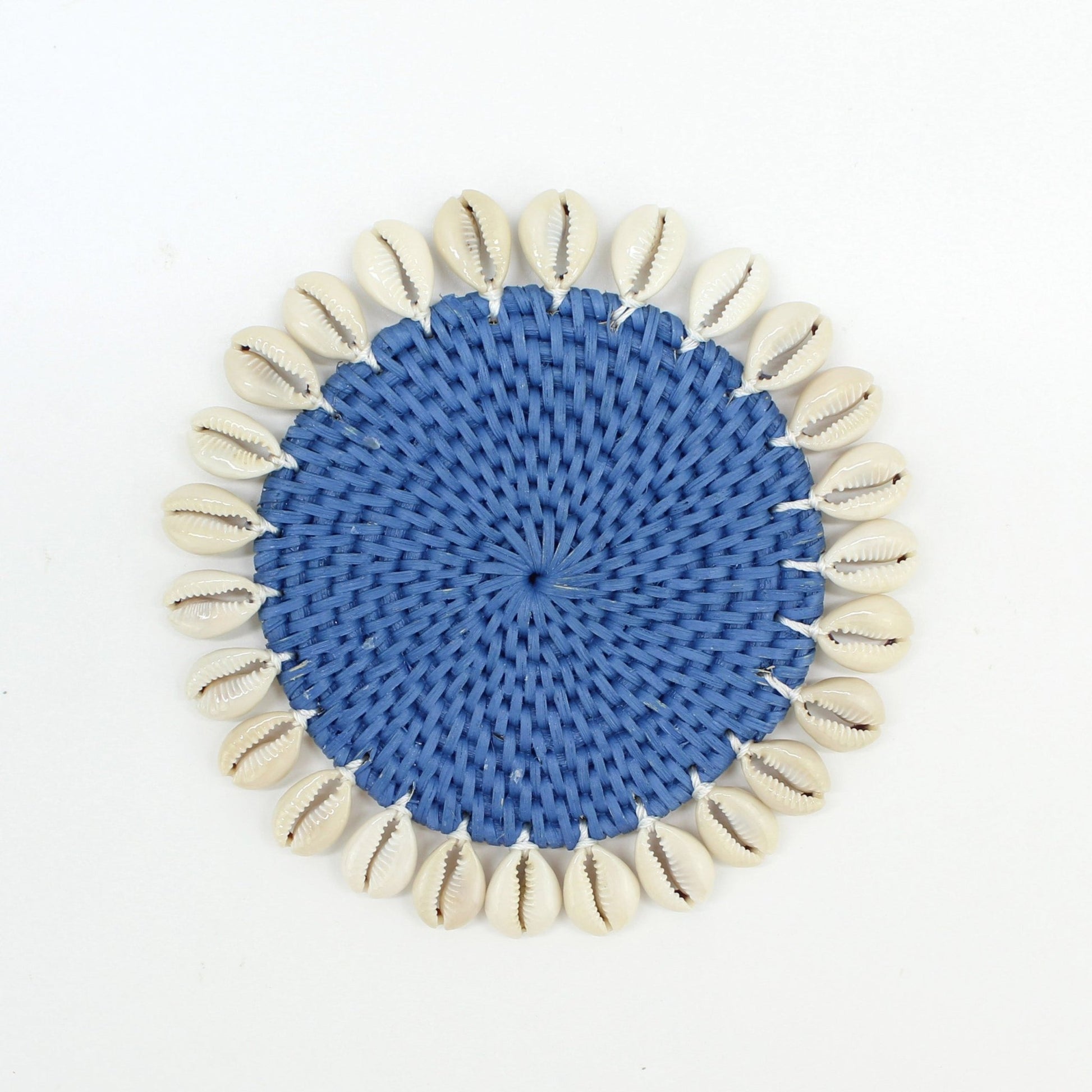 Blue seashell-trimmed rattan coasters with holder, eco-friendly and handmade