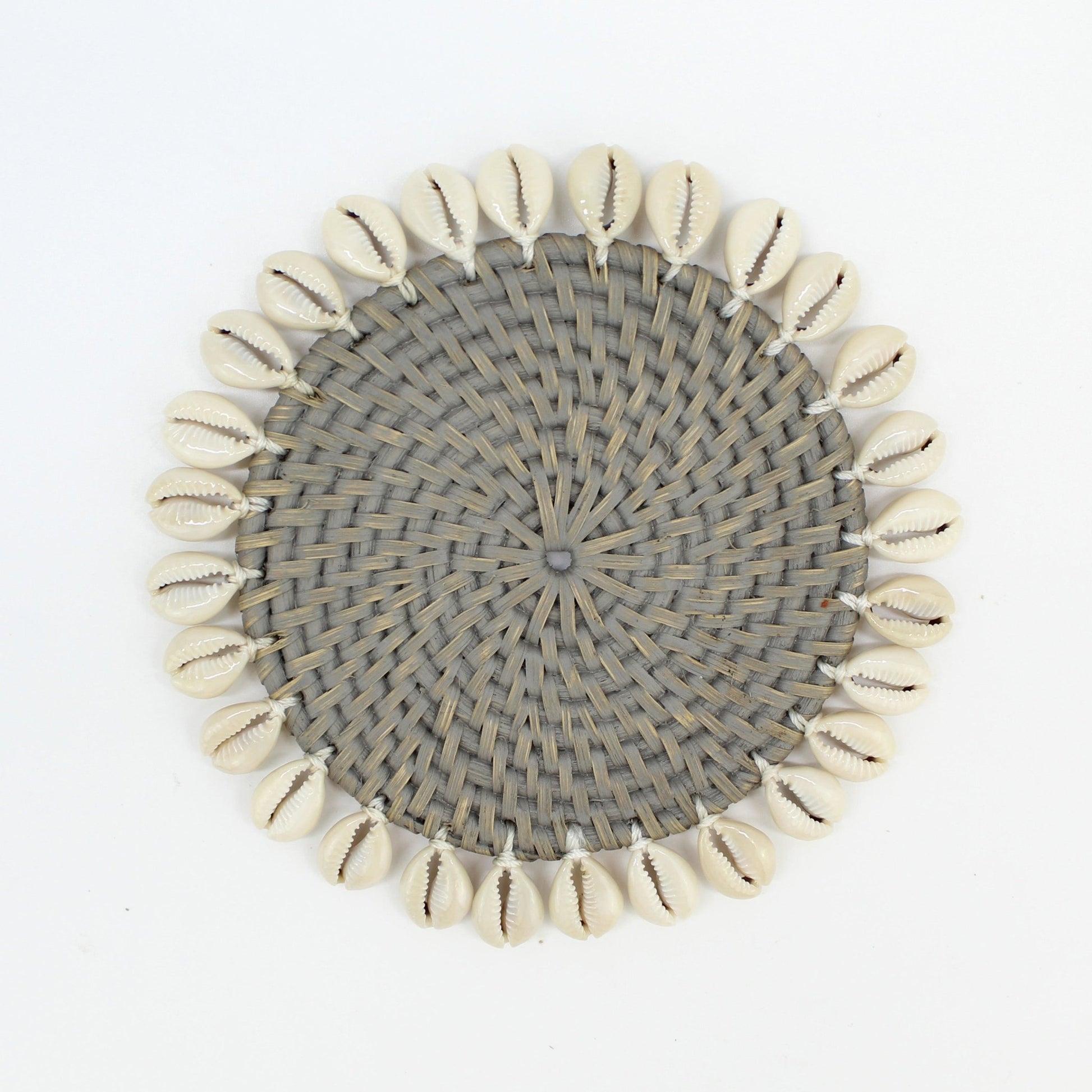 grey seashell-trimmed rattan coasters with holder, eco-friendly and handmade