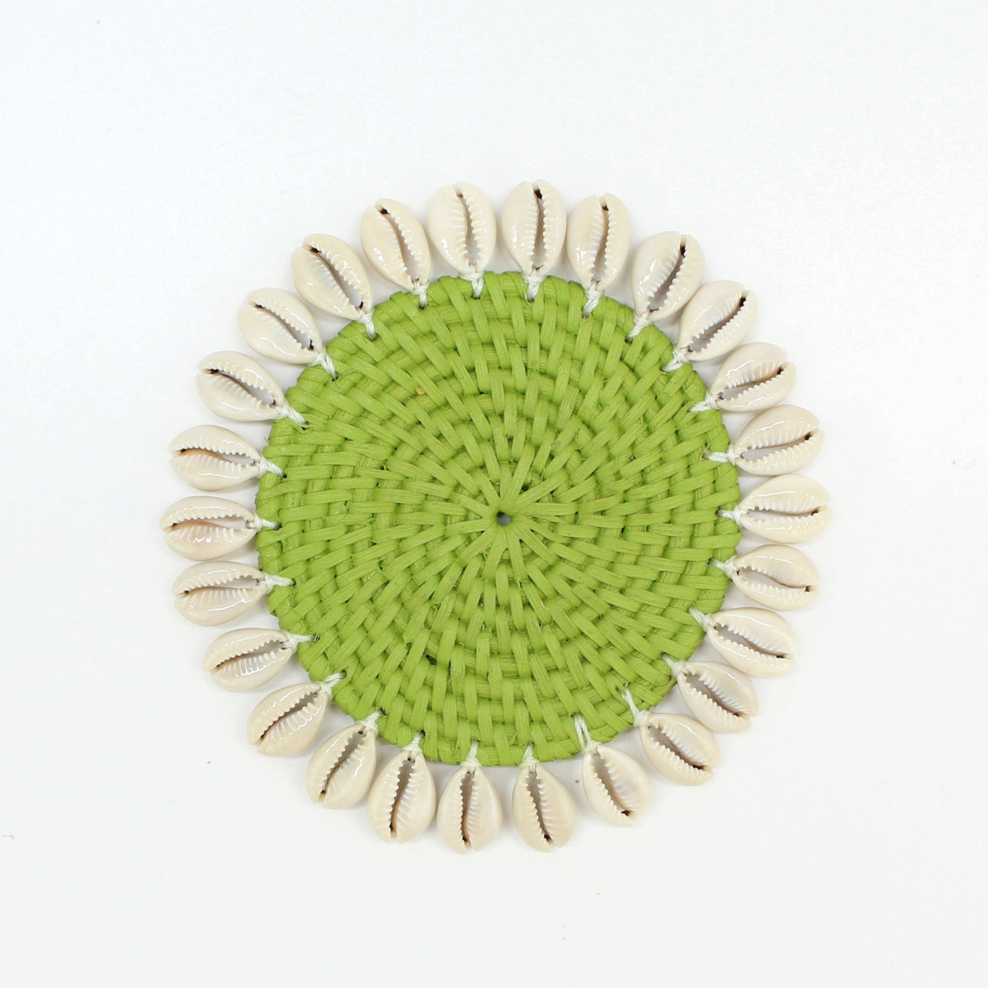 lime green seashell-trimmed rattan coasters with holder, eco-friendly and handmade